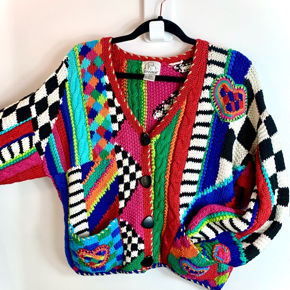 Gantos Vintage Colorful Patchwork Sweater Checker Zig Zag Fun Ugly 80s 90s L